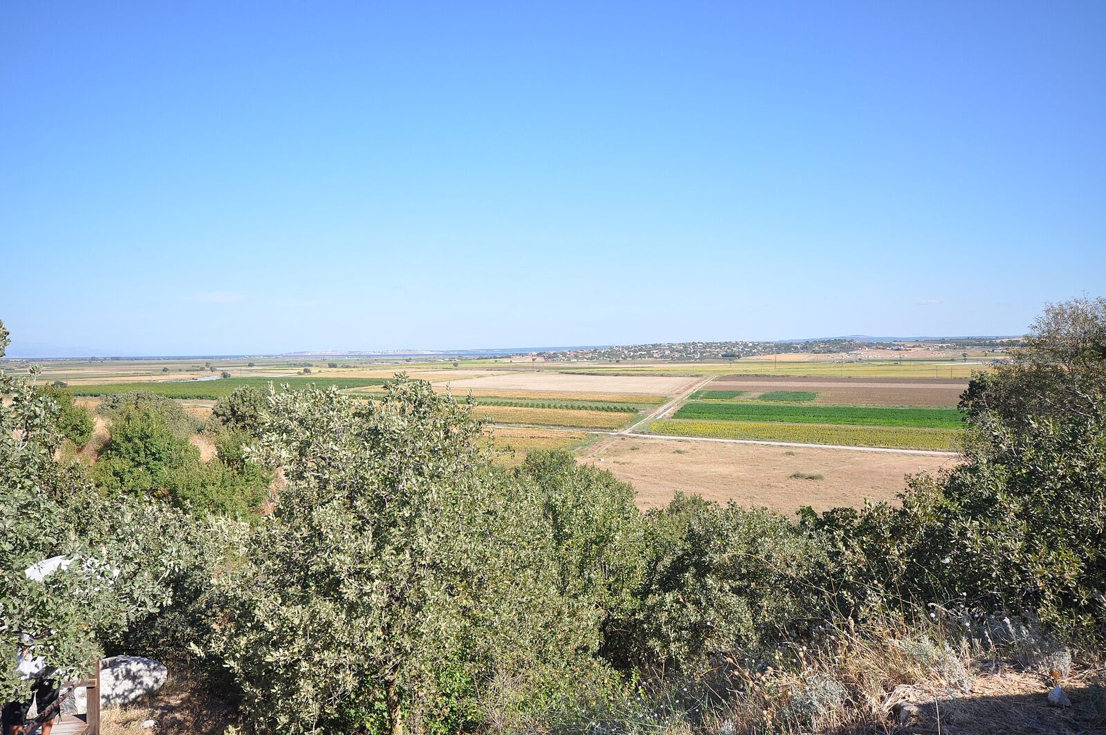 Looking out from the mound over the plain. The bay where the ships were drawn up is beneath these fields.